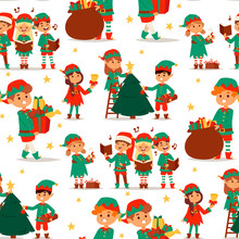 Santa Claus Elf Kids Cartoon Elf Helpers Vector Illustration Children Elves Characters Traditional Costume Seamless Pattern Background