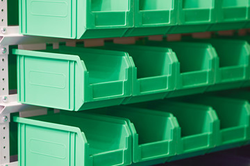 Aufkleber - Plastic containers on the modern warehouse for piece small storage of goods