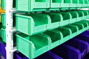 Aufkleber - Plastic containers on the modern warehouse for piece small storage of goods