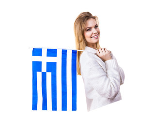 Happy woman holding Greek national flag