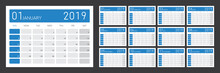 Vector Illustration Of 2019 Desk Calendar. Simple And Clean Design, Editable And Printable Calendar Template.