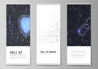 The vector layout of roll up banner stands, vertical flyers, flags design business templates. Binary code background. AI, big data, coding or hacker concept, digital technology background.