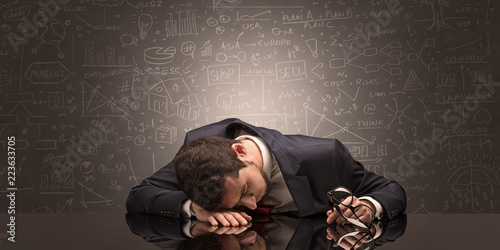 Fotografía Elegant teacher fell asleep at his workplace with full draw blackboard concept