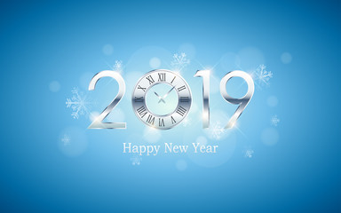 Wall Mural - Silver Happy new year 2019 and clock with snowflakes in vintage blue color background