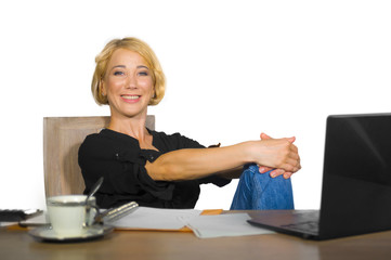 office corporate portrait of young beautiful and happy business woman working relaxed at laptop computer desk smiling confident in job success isolated on white