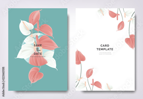 Botanical wedding invitation card template design, white and red Anthurium fl...