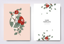 Botanical Wedding Invitation Card Template Design, Red Japanese Camellia Flowers And Leaves With Circle Frame On Orange Background, Minimalist Vintage Style