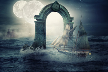 Wall Mural - the night sea gale under the two moons