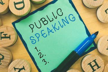 Writing note showing  Public Speaking. Business photo showcasing talking people stage in subject Conference Presentation.