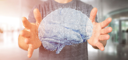 Poster - Businessman holding a 3d rendering artificial brain