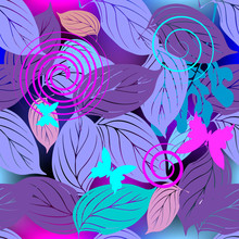 Leafy decorative vector seamless pattern. Ornamental abstract floral glowing background. Colorful leaves, swirls, butterflies, spirals. Modern ornament. Design in purple, pink, violet, blue color.