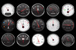 Car dashboard gauges. Collection of speed, fuel, temperature devices on black background