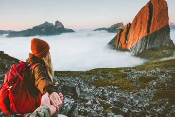 Couple romantic follow hands holding hiking in mountains Travel friendship lifestyle concept family together spending active adventure vacations modern nomads