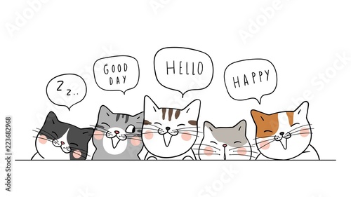 Banner Background Cute Cats Say Hello Doodle Cartoon Style Buy