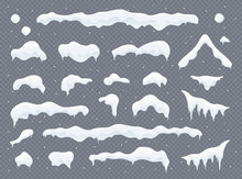 Snow Caps, Snowballs And Snowdrifts Set. Snow Cap Vector Collection. Winter Decoration Element. Snowy Elements On Winter Background. Cartoon Template. Snowfall And Snowflakes In Motion. Illustration.