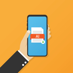 Fototapete - Download AI button on smartphone screen. Downloading document concept. File with AI label and down arrow sign