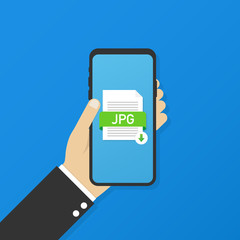 Fototapete - Download JPG button on smartphone screen. Downloading document concept. File with JPG label and down arrow sign