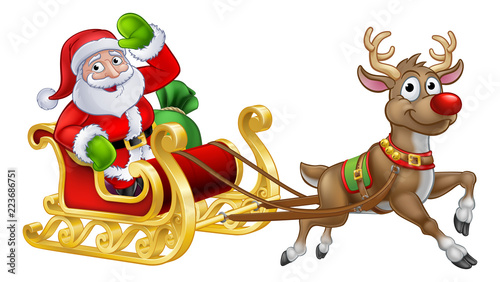 Santa Claus Christmas cartoon character riding in his sleigh pulled by ...