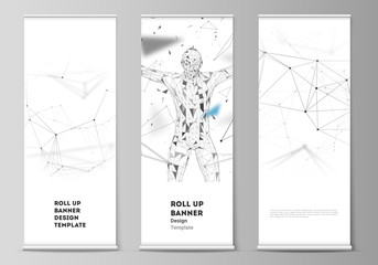 Wall Mural - The vector layout of roll up banner stands, vertical flyers, flags design business templates. Technology, science, medical concept. Molecule structure, connecting lines and dots. Futuristic background