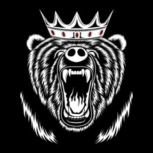 White Bear In The Crown On A Black Background. Vector Image.