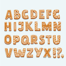 Christmas Or New Year Alphabet Cookies Set With Glaze Vector Illustration. Isolated Textured Letters On White Background.