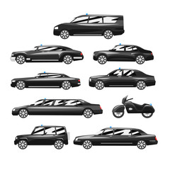 Canvas Print - Collection of premium black executive cars, business luxury vehicles with blue flasher siren, side view vector Illustration on a white background