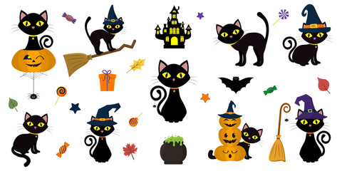 Happy Halloween. Mega set of black cat with yellow eyes in different poses with a pumpkin, on a broomstick, in a hat of a witch and other elements isolated on a white background. Cartoon, vector