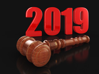 Poster - 3d wooden mallet and 2019. Image with clipping path