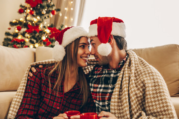 Christmas. Love. Home. Young couple in Santa hats, covered in plaid is holding cups, touching noses and smiling while sitting at home near the Christmas tree