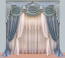 Decoration Of The Interior Of The Living Room In The Classical, Palace Style. Curtains Of Dense Fabric With Blue Ornaments, Lambrequin, Pelmet, Jabot, And Tulle With Embroidery