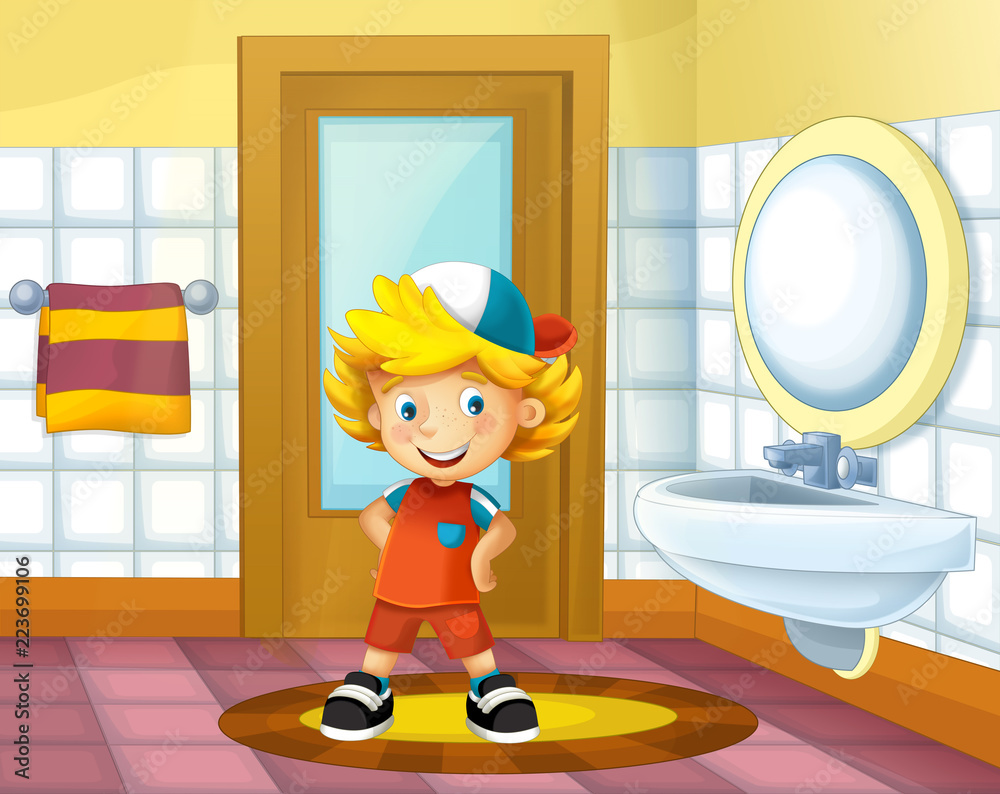 cartoon scene with cute funny boy in the bathroom - hygiene time -  illustration for children Stock Illustration | Adobe Stock, image size:1000x794