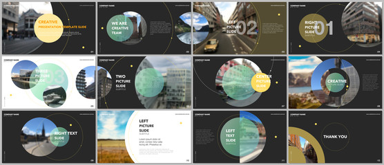 Minimal presentations design, portfolio vector templates with circle elements on black background. Multipurpose template for presentation slide, flyer leaflet, brochure cover, report, advertising.