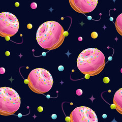 Wall Mural - Seamless pattern wit yummy cartoon donut planets.