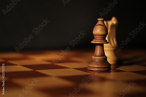 Fotomural Bishop on a wooden chessboard game