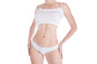 © junky_jess - Female cropped fit body in white base underwear, isolated on white.