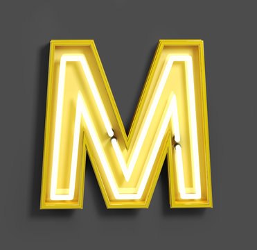 Bright Neon Font with fluorescent yellow tubes. Letter M. Night Show Alphabet. 3d Rendering Isolated on Gray Background