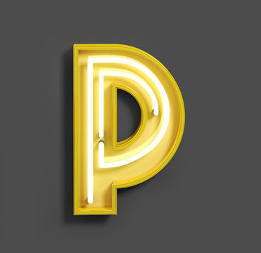 Bright Neon Font with fluorescent yellow tubes. Letter P. Night Show Alphabet. 3d Rendering Isolated on Gray Background