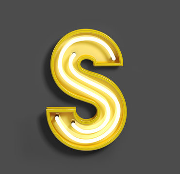 Bright Neon Font with fluorescent yellow tubes. Letter S. Night Show Alphabet. 3d Rendering Isolated on Gray Background