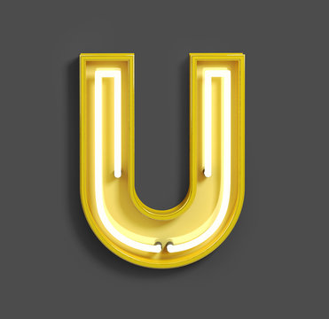 Bright Neon Font with fluorescent yellow tubes. Letter U. Night Show Alphabet. 3d Rendering Isolated on Gray Background