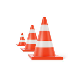 3d traffic cones with white and orange stripes on white background, realistic vector illustration