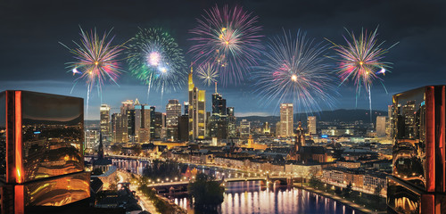 Wall Mural - High resolution aerial panoramic view of Frankfurt, Germany with fireworks in the sky.
