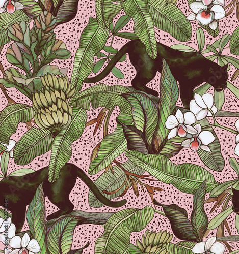 Stoffe zum Nähen Tropical leaves, bananas, panther and orchid. Seamless vintage pattern. Wallpapers with tropical flowers and leaves