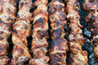 © eleonimages - Frying pork on a skewer over a brazier. Turning meat over coals. Appetizing shish kebab. Delicious barbecue.