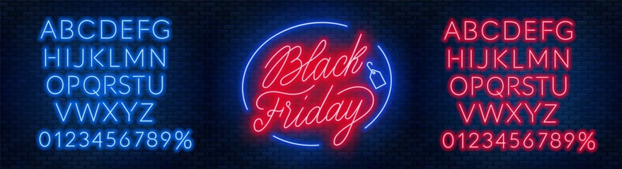 Wall Mural - Black Friday neon lettering on brick wall background with the alphabet