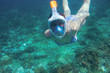 © Elya.Q - Snorkeling girl in swimsuit. Snorkel in coral reef of tropical sea. Full-face snorkeling mask. Underwater photo