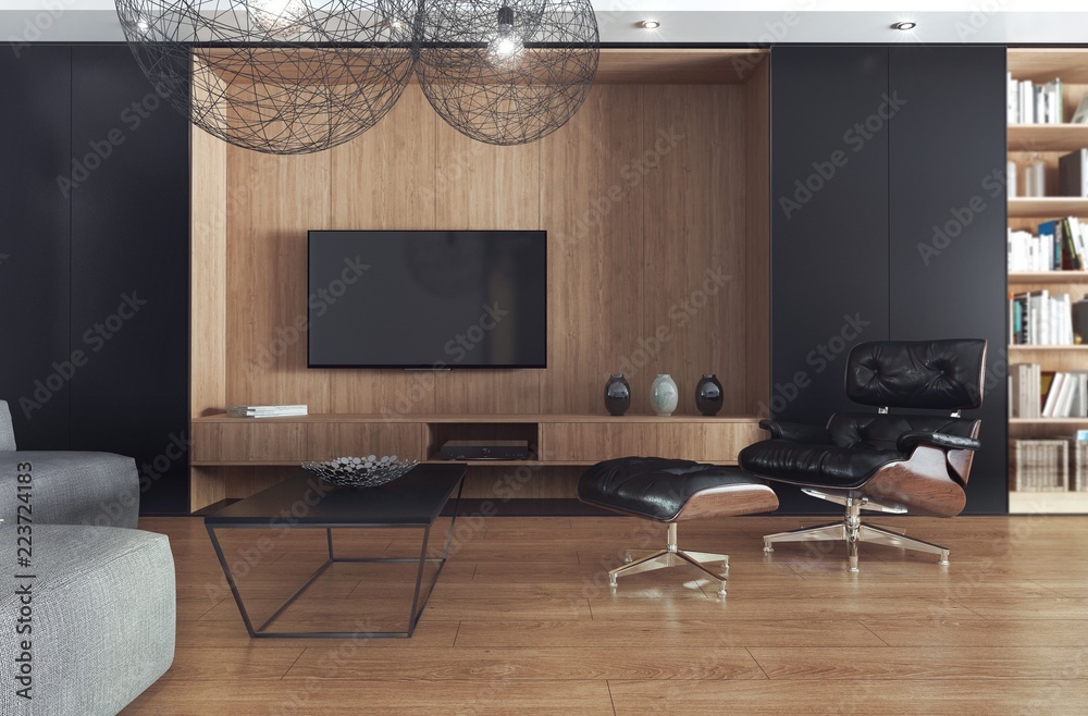 Pokój dzienny z telewizorem, zaprojektowany jako kompozycja czerni i jasnego drewna - obrazy, fototapety, plakaty 