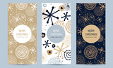 Fototapeta  - A set of greeting card with golden snowflakes and festive decor. Hand-drawn vector illustration. Trendy design template of leaflet cover, flayer, card, beauty salon, spa, restaurant, club.