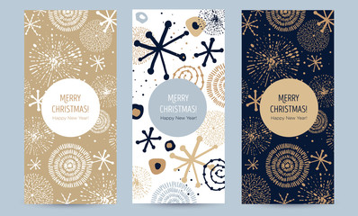 a set of greeting card with golden snowflakes and festive decor. hand-drawn vector illustration. tre