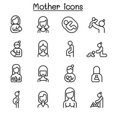 Mother and Woman icon set in thin line style