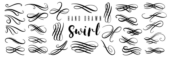 Hand drawn decorative curls and swirls collection. Vintage vector design elements.